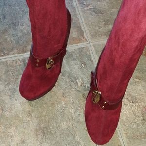 Red knee high suede boots